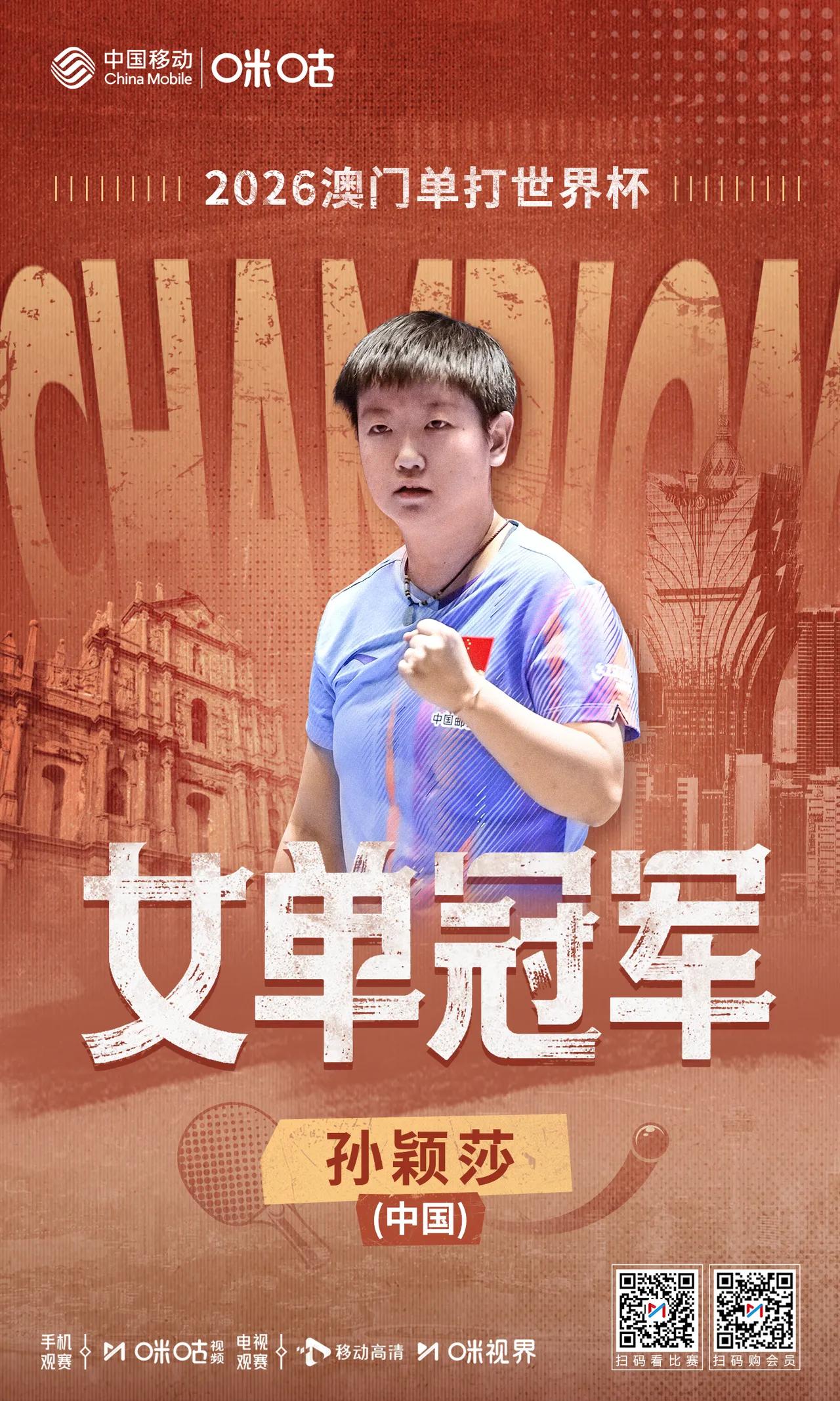 恭喜莎莎豪取世界杯女单三连冠，成为世界杯创办以来。第一个实现三连冠的选手。
  