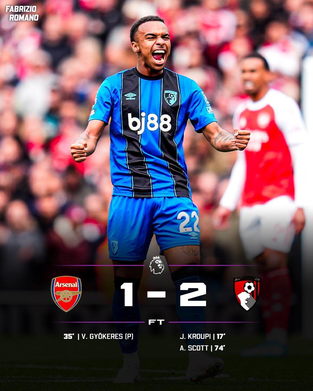 枪手败北！英超第32轮早场赛事，阿森纳主场1-2负于伯恩茅斯，近4场比赛输掉3场