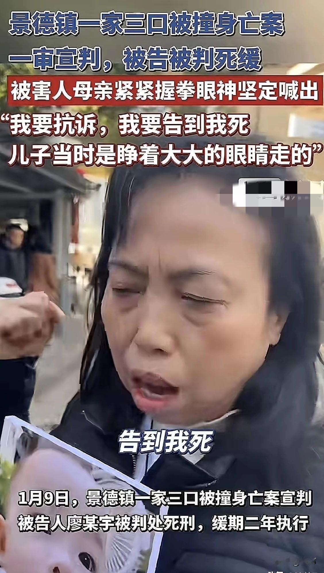 景德镇一家三口被撞死案，看到死者的妈妈，真是又心疼，又佩服，独子独孙没有了，那么