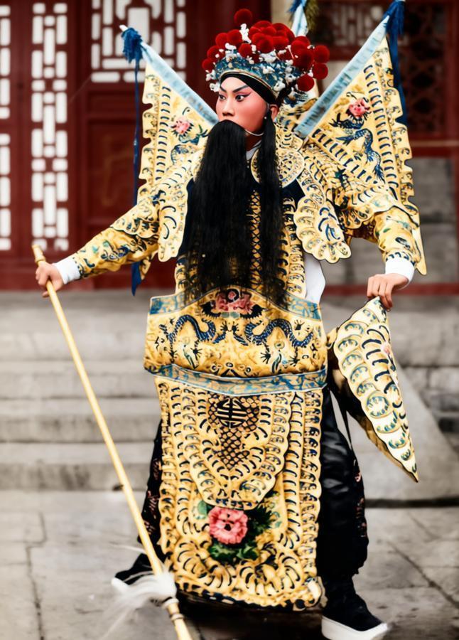 照片中背插靠旗、挂黑髯、持长枪，是《镇潭州》里的岳飞，更是“余派”创始人余叔岩。