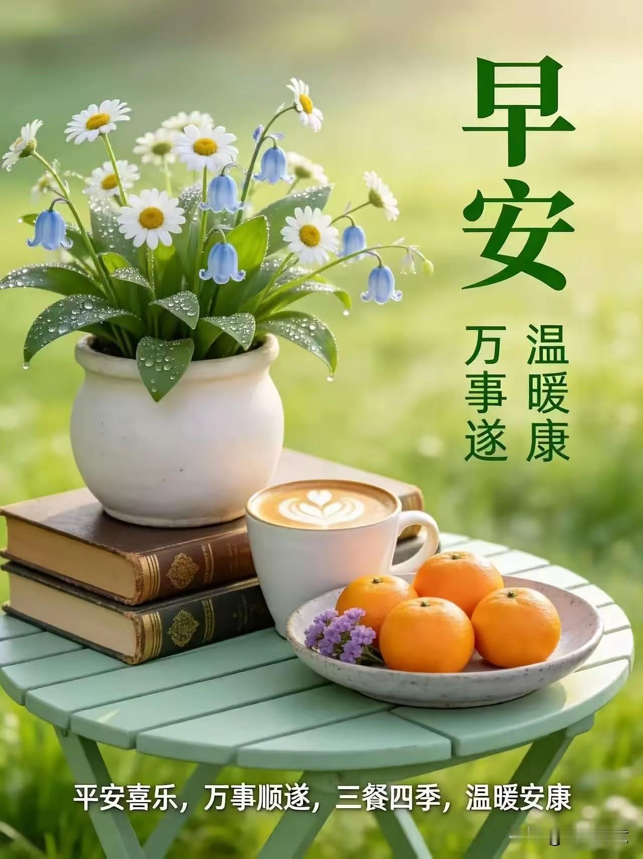 早安吉祥：美好的早晨，鲜花和咖啡相伴您。
