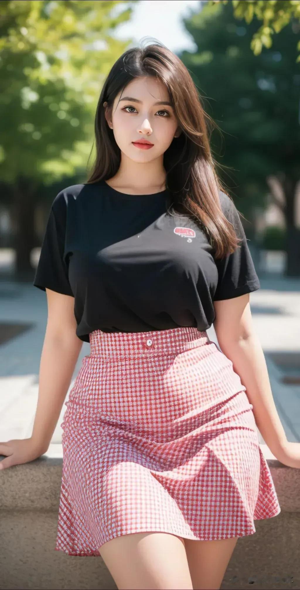 红裙白裤，妙龄女子。#性感婀娜迷人# #气质红艳美女#