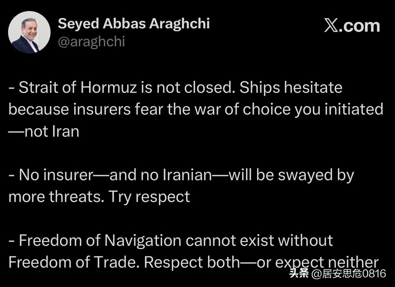 🔥伊朗外长阿巴斯·阿拉格奇抛出了重磅炸弹：霍尔木兹海峡并未关闭，但保险公司因美