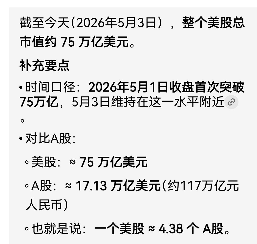 美股洪水滔天

不算不知道，一算吓一跳。

截止今天2026年5月3日，美股总市
