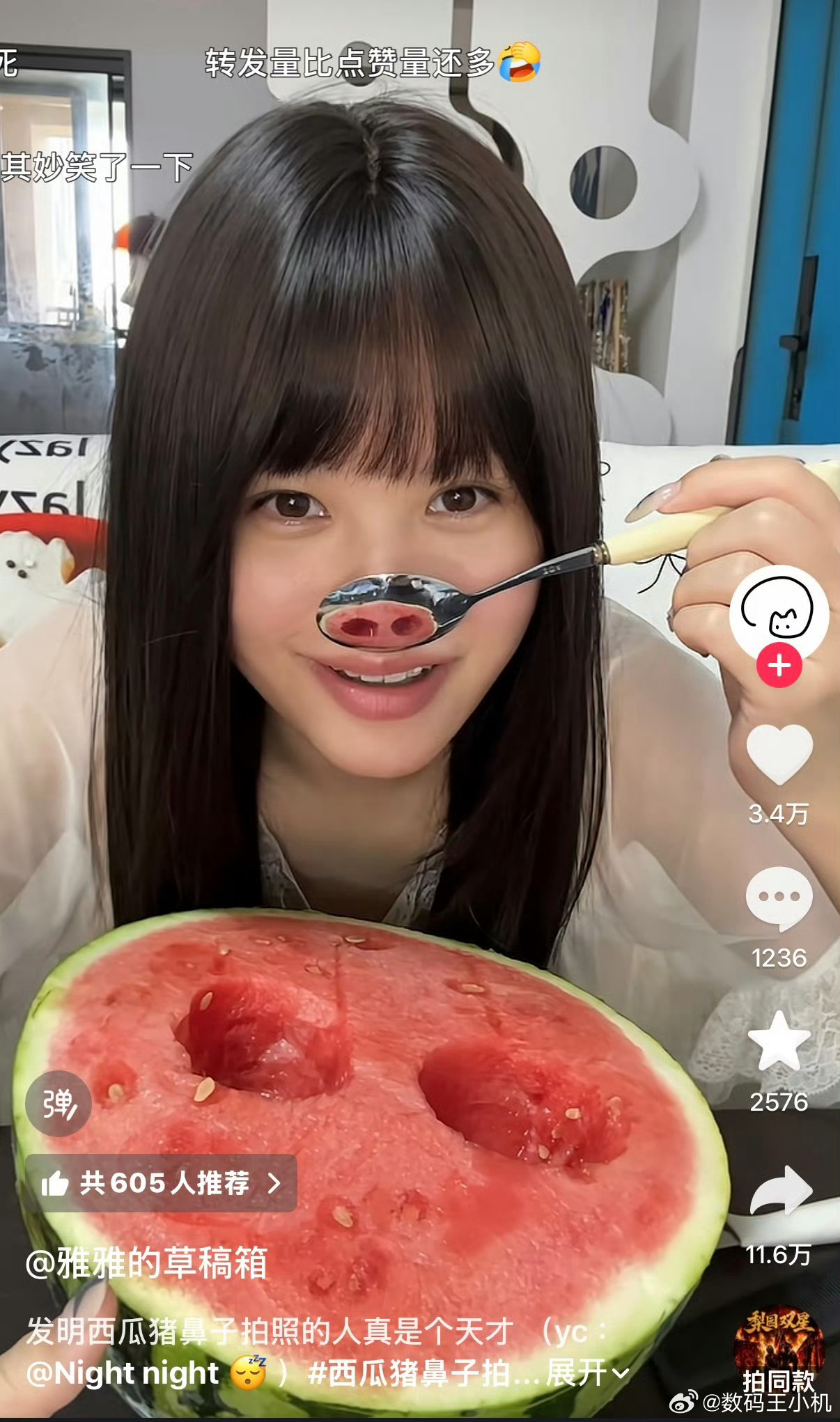 发明西瓜猪鼻子拍照的人是个天才首先你得有半个西瓜🍉，其次就是一个比较反光的勺子