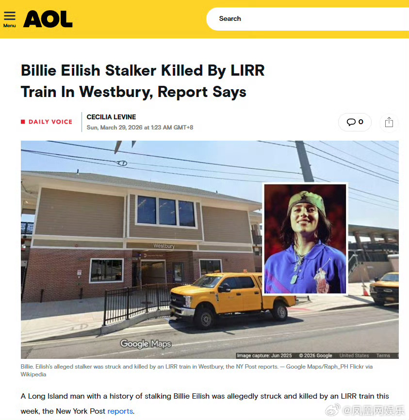 碧梨跟踪狂被列车撞击致死3月29日，据外媒报道，一名曾因跟踪歌手Billie E