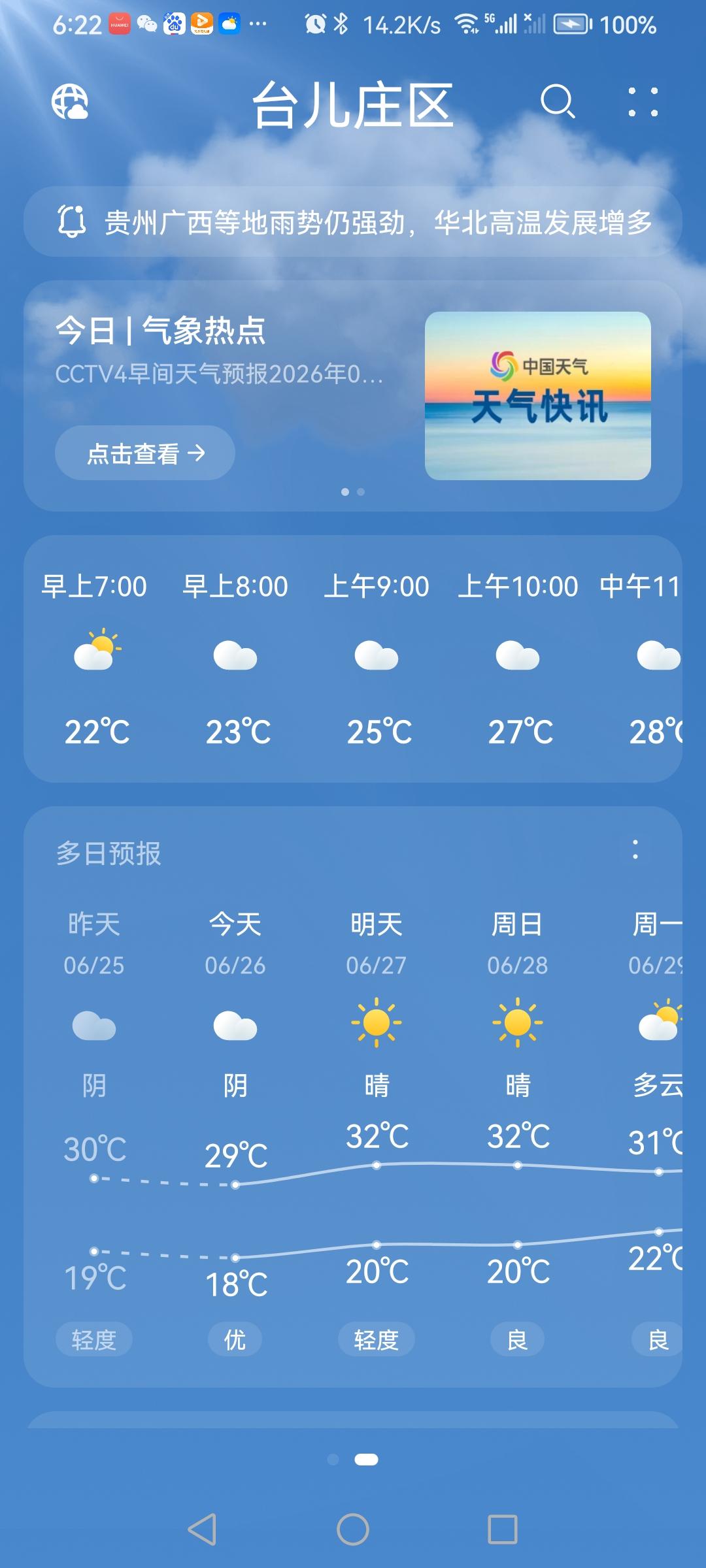 “6.26”星期五，天气预报“阴”。气温18—29。
