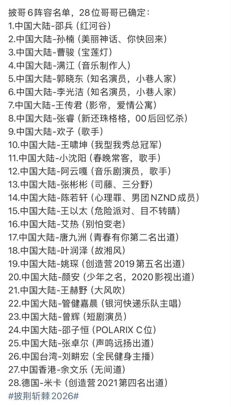 披哥2026名单🈶你想看哪个哥哥披荆斩棘2026确定名单