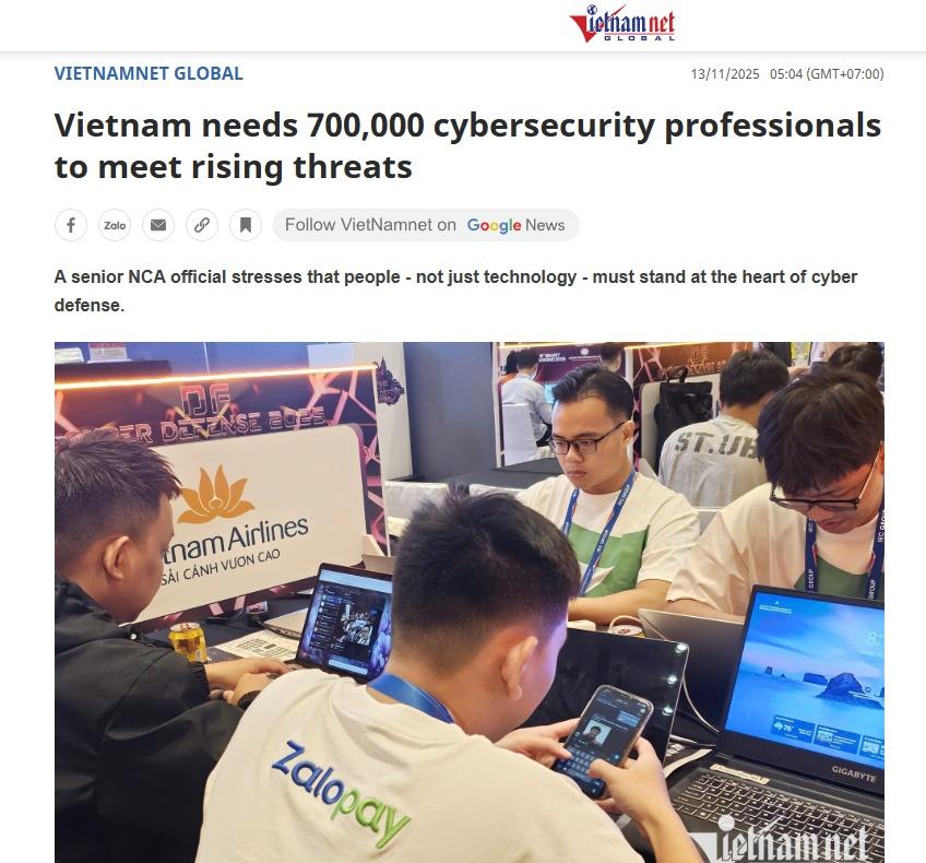 分享一则越南新闻节选——越南需 70 万名网络安全专业人才应对日益严峻的威胁
国