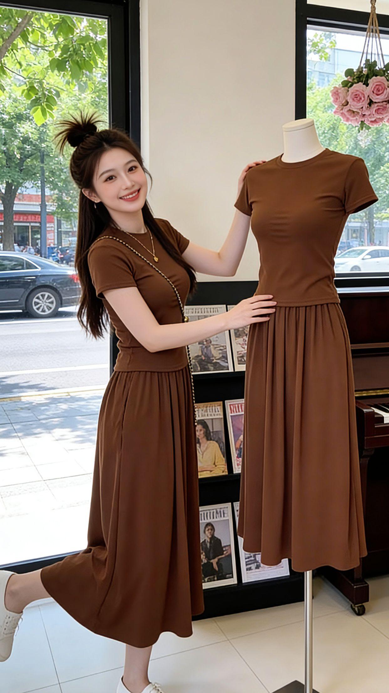 夏天出门就爱这种不费力的好看！这套焦糖色两件套太懂女生了，修身短T精准掐出高腰线