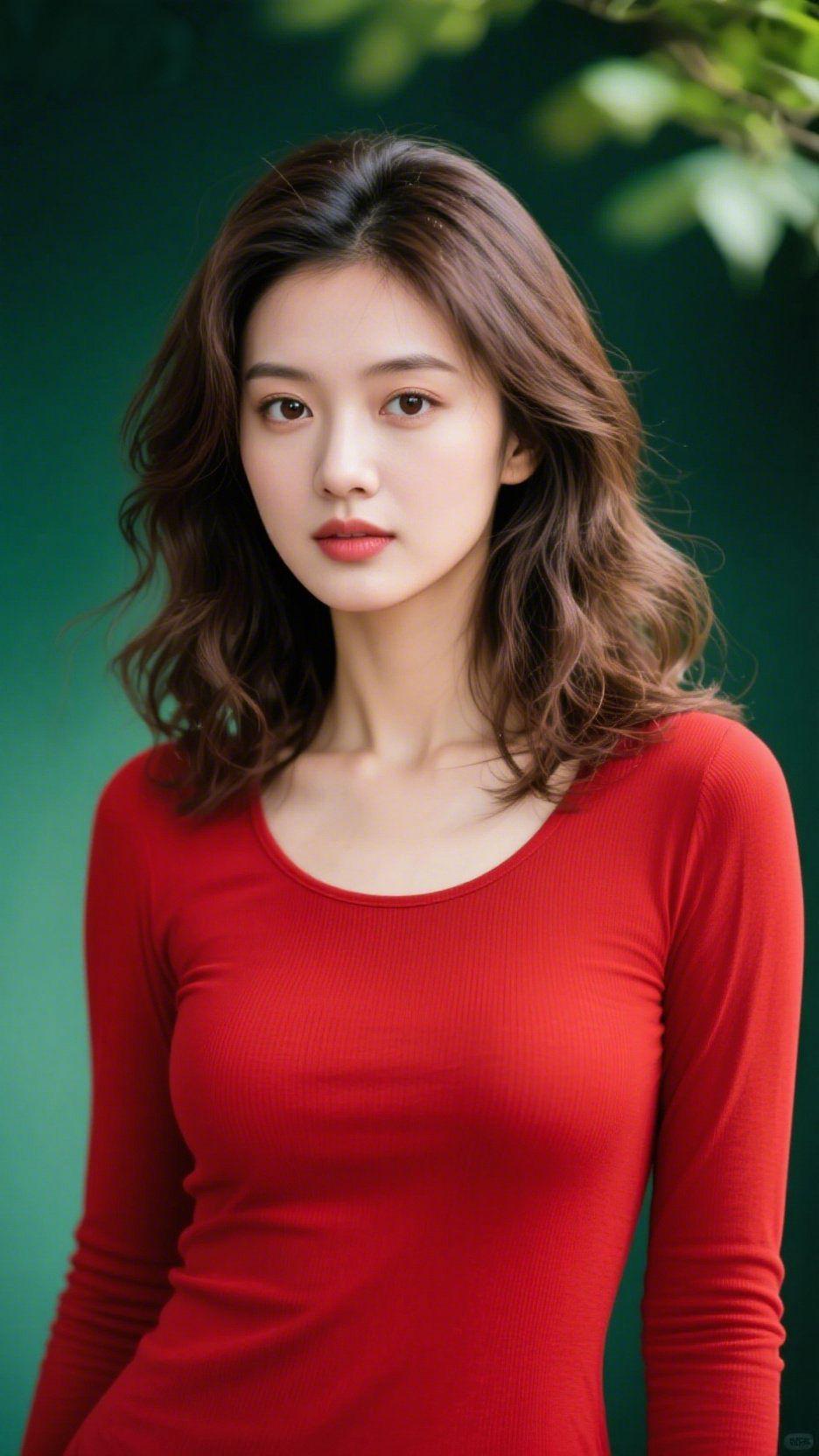 《红衣栖在春深处》
 
风裹着草木的潮意漫来时，她立在深绿的背景前。红衣像揉碎的