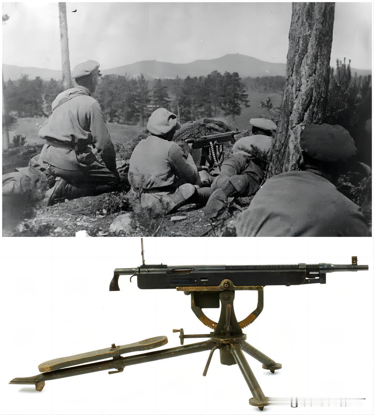 100多年前，俄国内战期间的一个机枪阵地。士兵们严阵以待，他们使用的并非是俄制机
