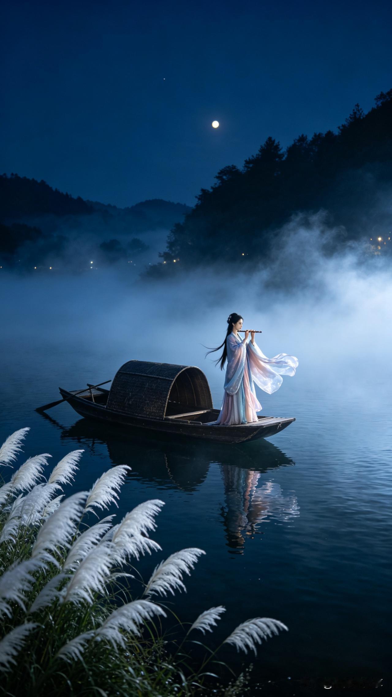打油诗.月下吹笛
原创/老陈爱分享
明月高挂夜微凉，
仙女吹笛立船旁。
芦苇荡里