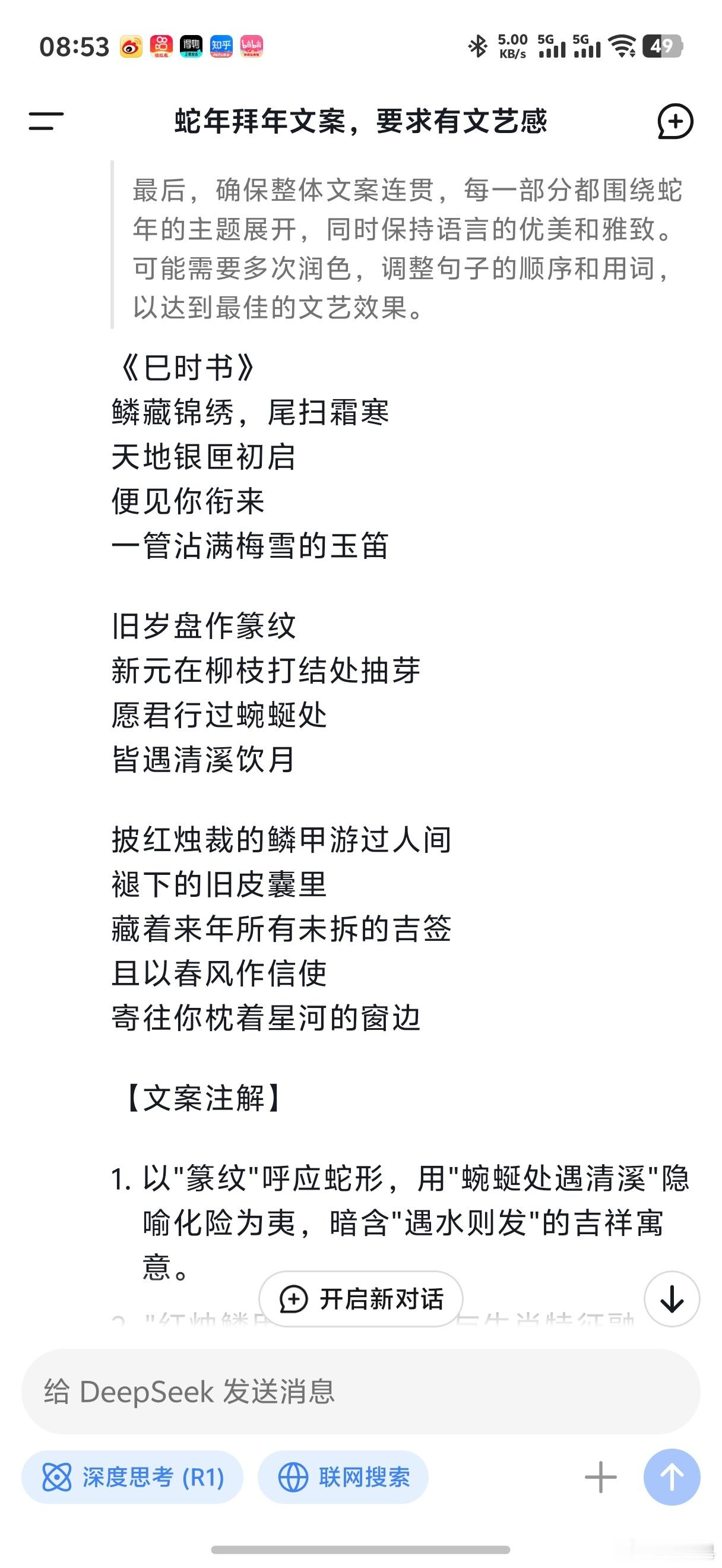 拜年文案给你准备好了  《巳时书》鳞藏锦绣，尾扫霜寒天地银匣初启便见你衔来一管沾