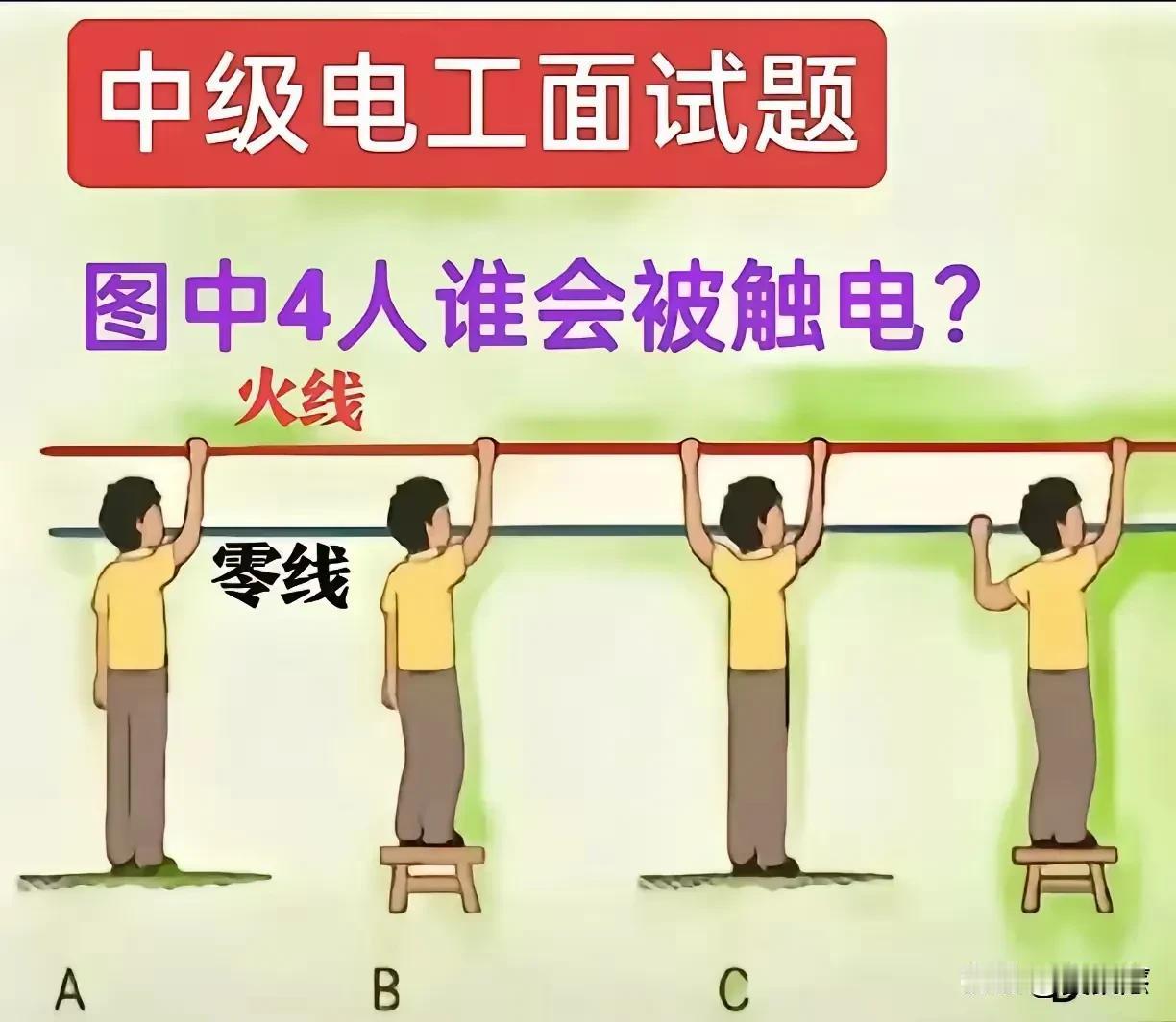 图中4人谁会被触电，你觉得是谁呢？答案就在动图中 猎奇选择题 趣味识别测试