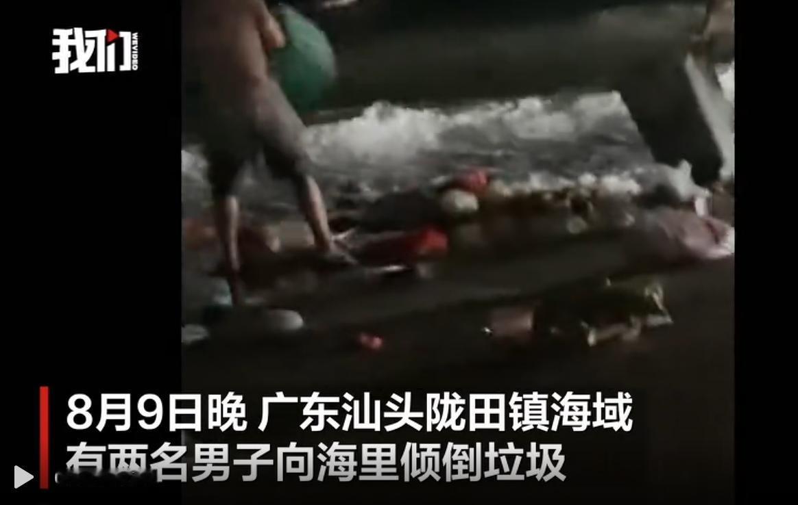 8 月 9 日晚间，广东汕头陇田镇近海海域出现不文明一幕，两名男子在海边向海中随