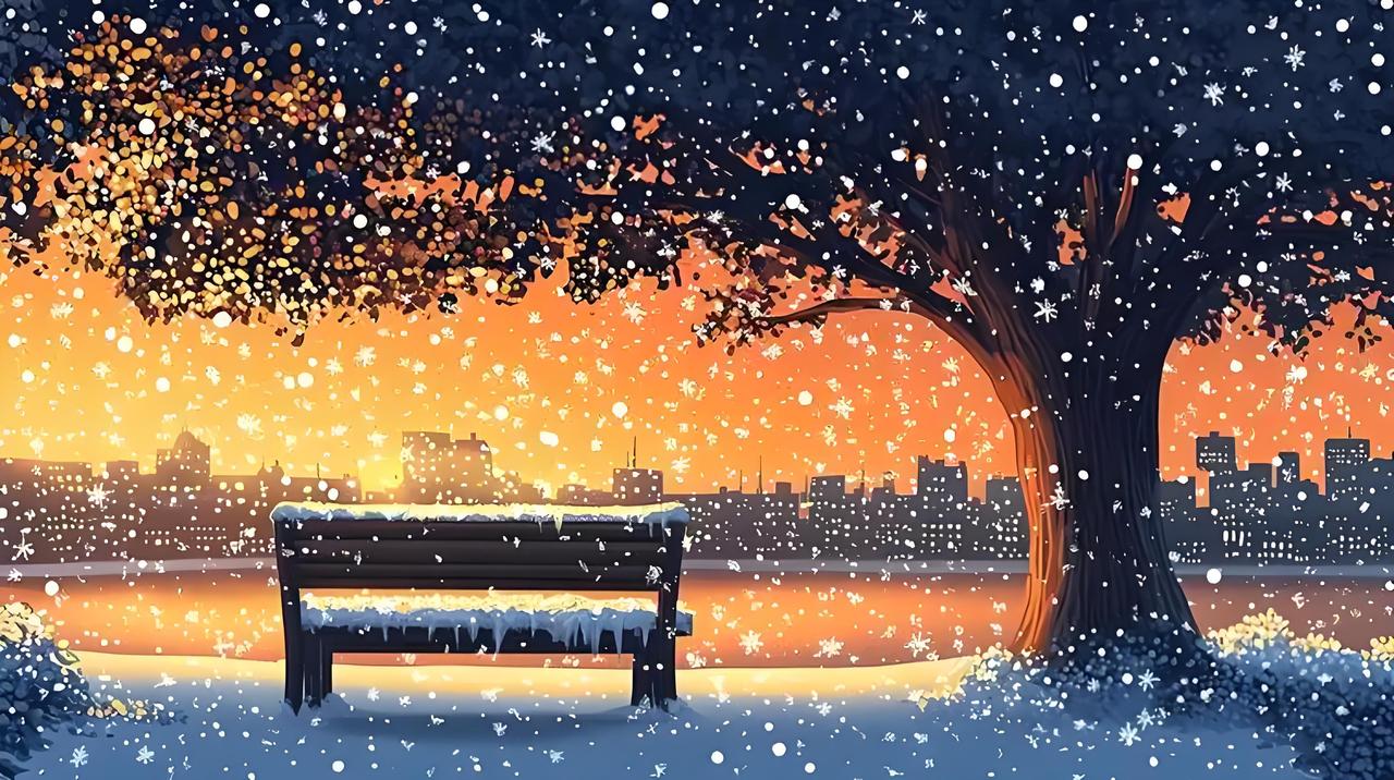 冰冻公园椅，暖阳洒金辉。