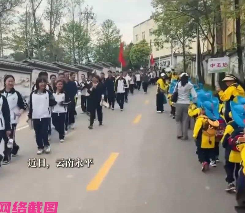 云南永平有幼儿园组织小朋友们去春游途中，遇到从烈士陵园扫墓回来的一群学生们，如此