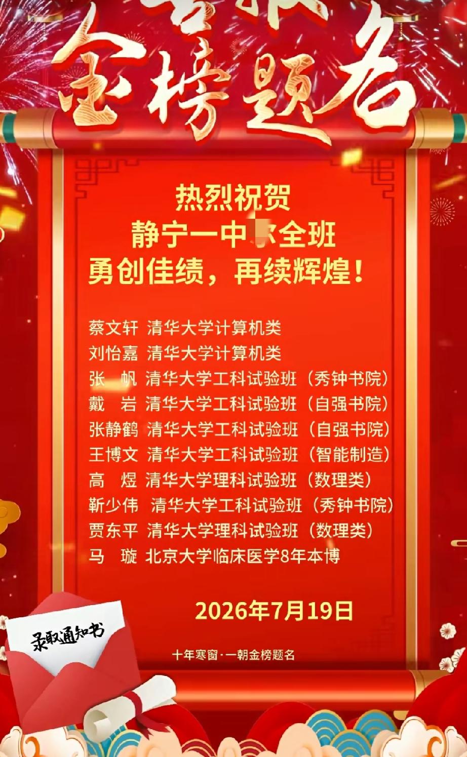 热烈祝贺静宁一中尔全班10名学子被清华北大录取！