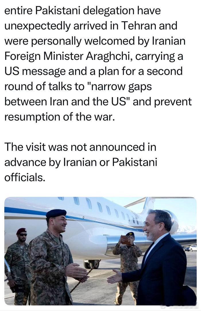 巴基斯坦代表团访问德黑兰，伊朗外长亲自到机场迎接主要为促成美伊第二轮谈判现在双方