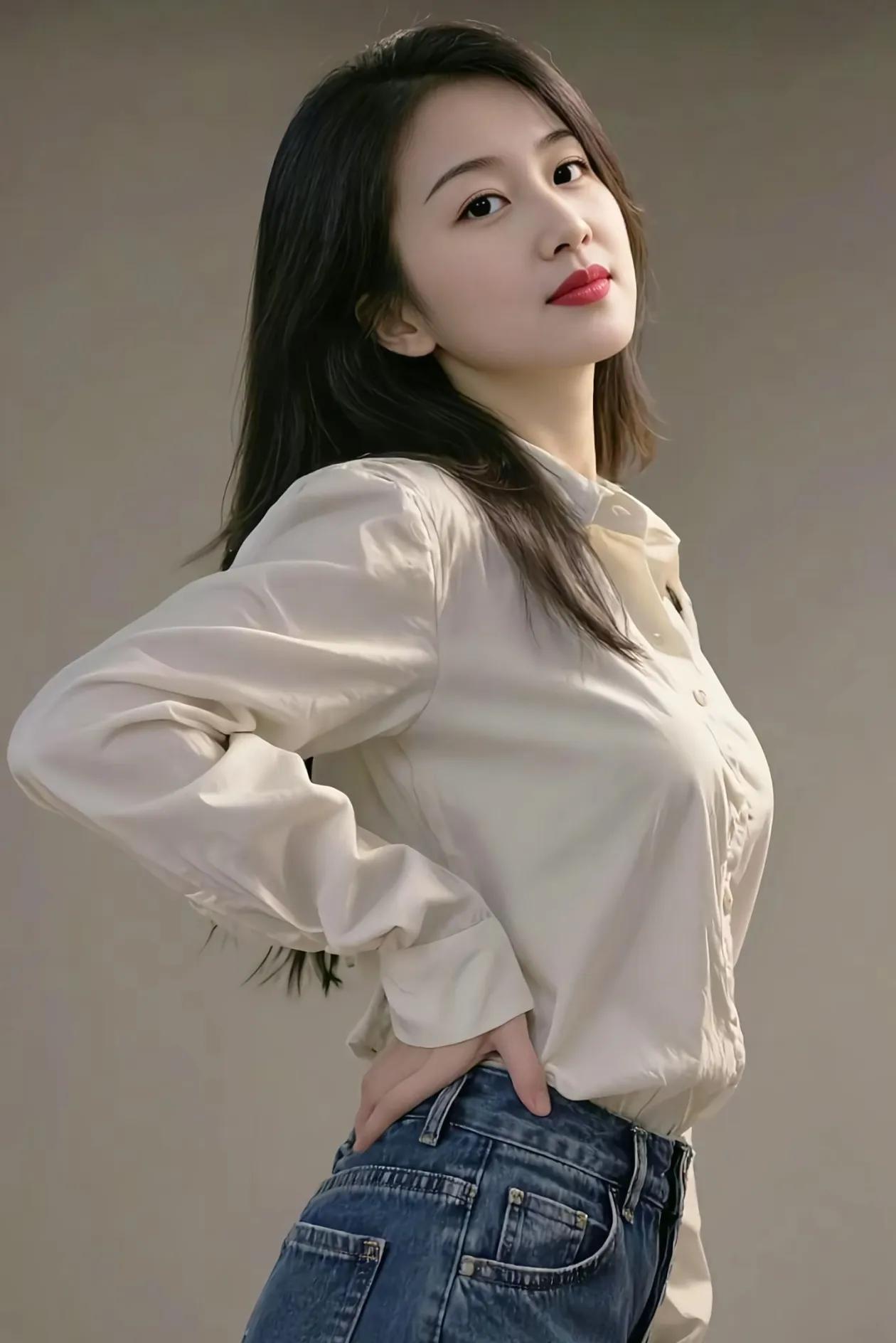 简约通勤风 | 衬衫牛仔的利落感✨
一件米白缎面衬衫，垂坠感老好了，温柔还干练；