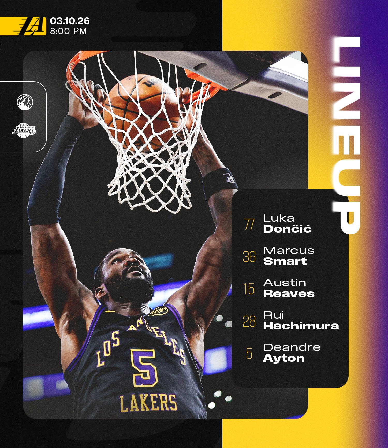 湖人首发：东契奇、里夫斯、斯玛特、八村塁、艾顿森林狼首发：迪文、华子、麦丹、兰德