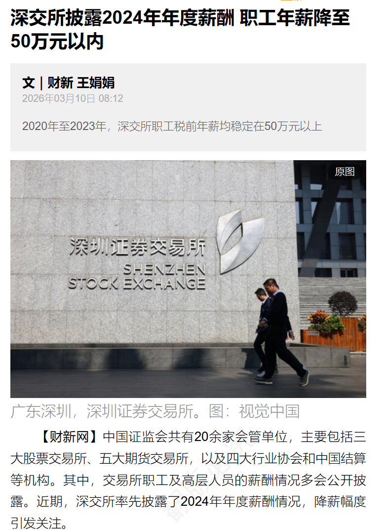 深交所 2024 年薪酬披露：人均税前年薪降至 48.49 万元，同比下降 8.