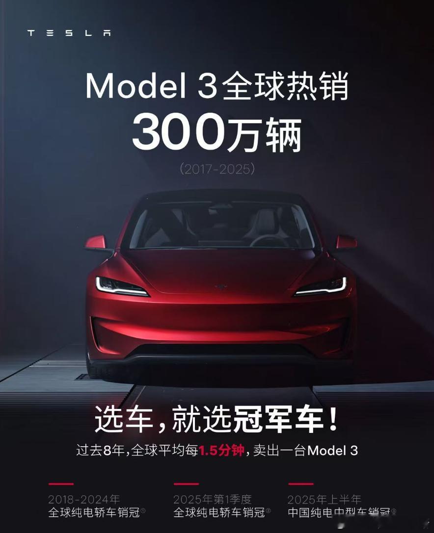 特斯拉 Model 3 的全球销量突破了 300 万辆，已经连续 7 年成为全球