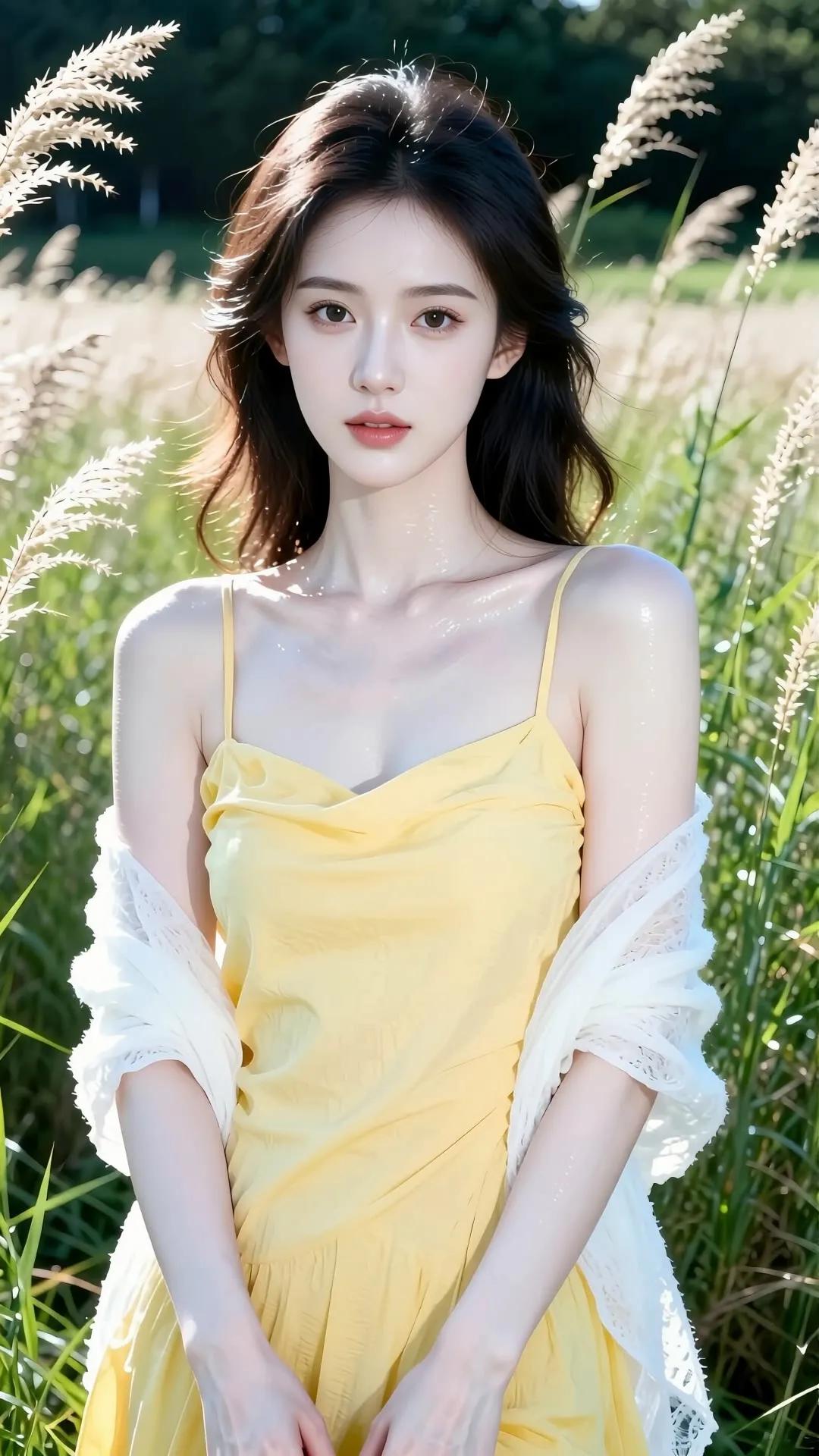 夏日清新少女，黄色连衣裙与自然草地的完美融合，梦幻般的自然之美。