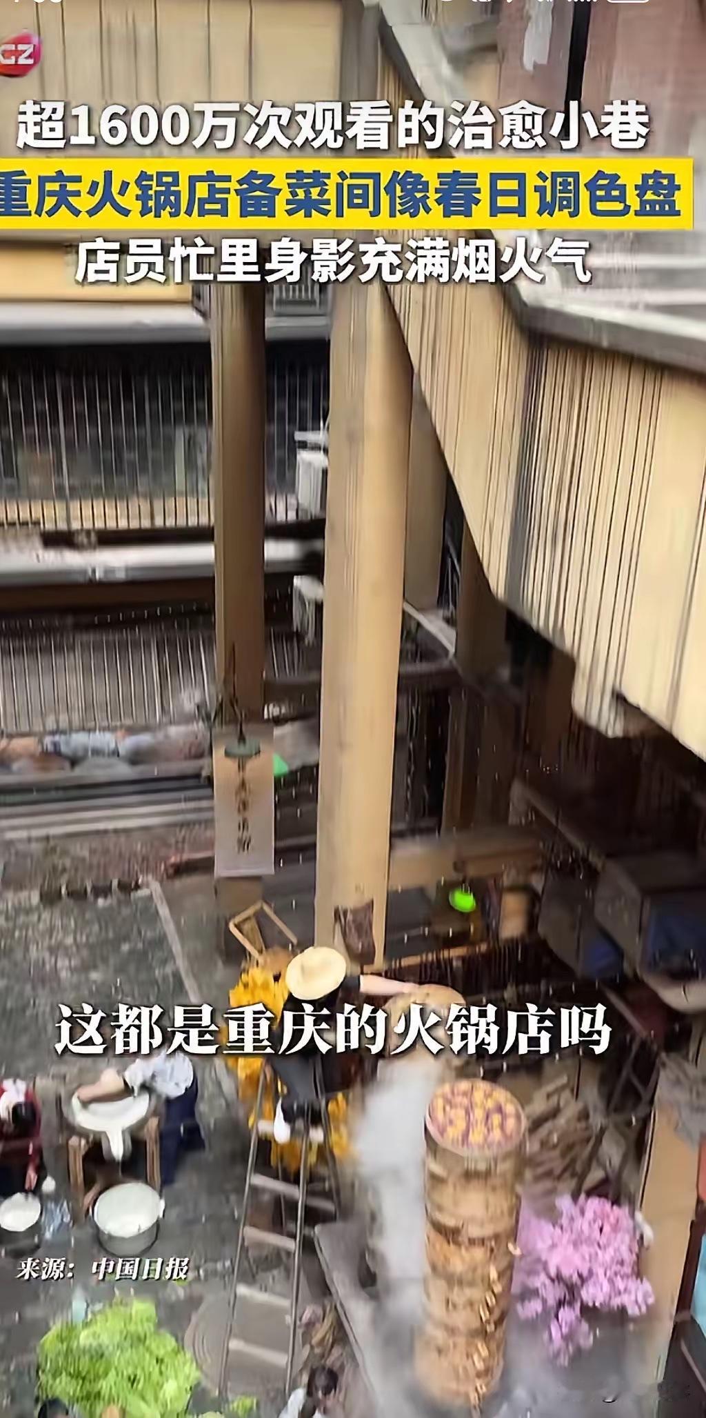一位游客在一栋居民楼里，拍下了天井里重庆一家火锅馆后厨备菜的一幕，吸引了众多网友