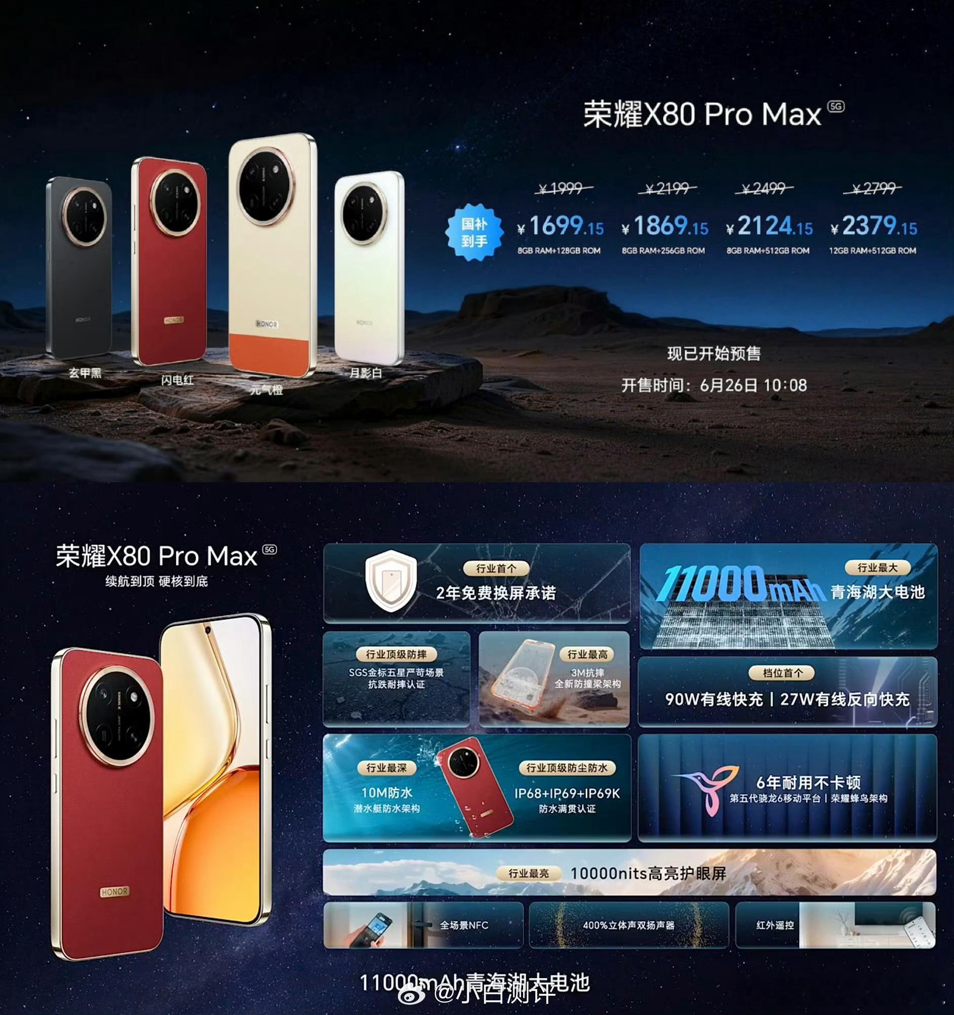 荣耀X80 Pro Max价格公布8+128 1999起 国补后1699.15起