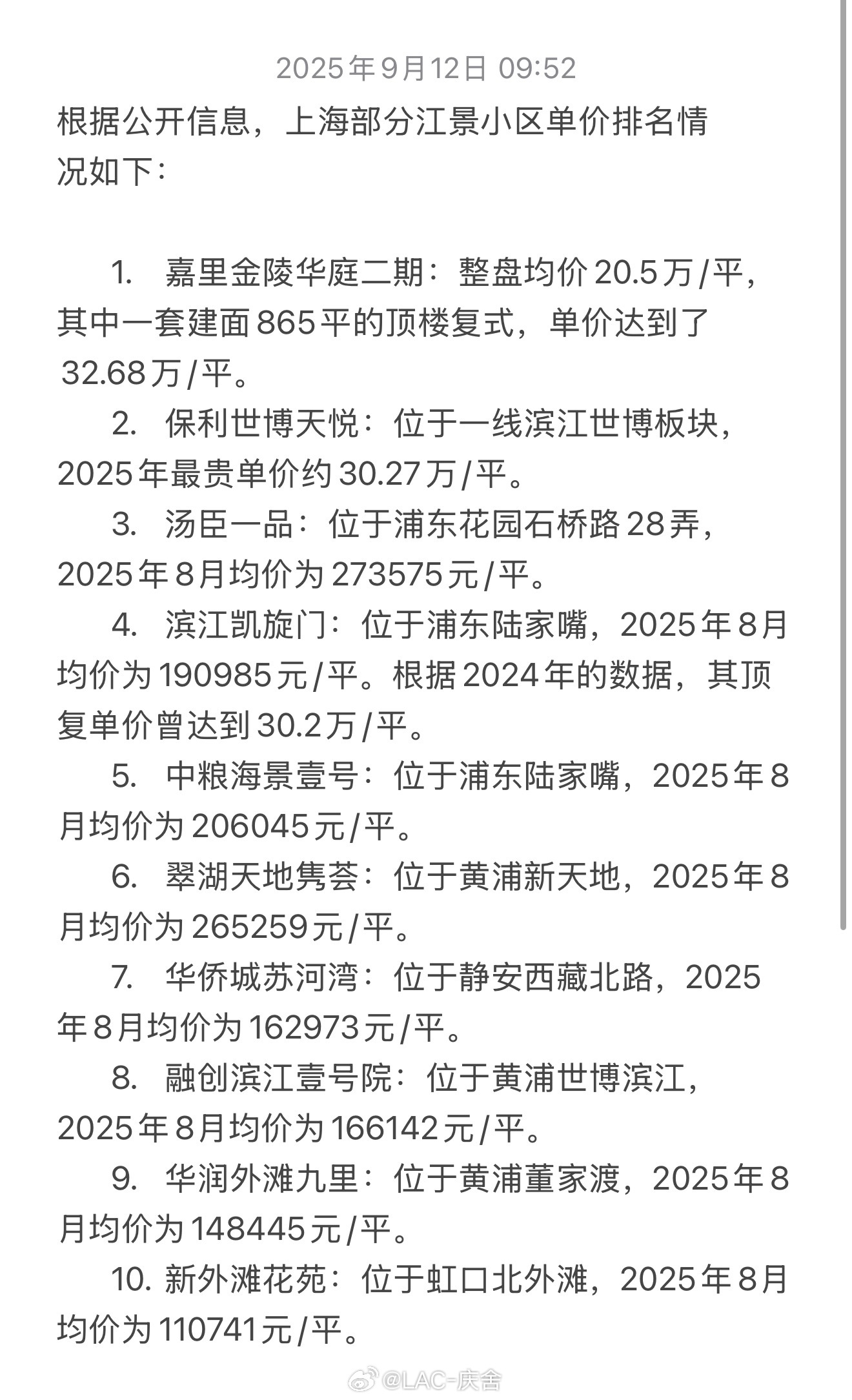 汤臣一品老化迹象AI整理的上海江景豪宅均价排名前十名只有汤臣一品是2010年以前