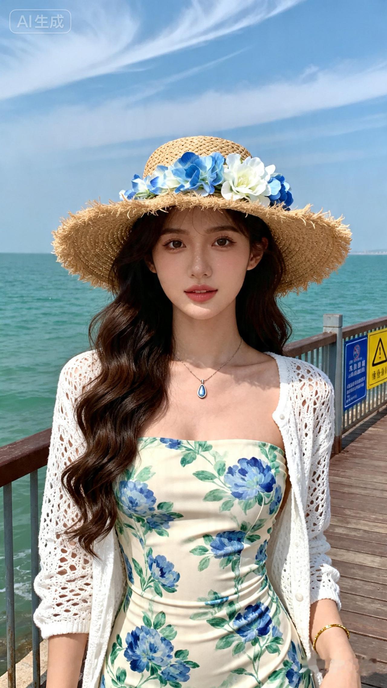 海边度假，戴草帽，穿花裙。