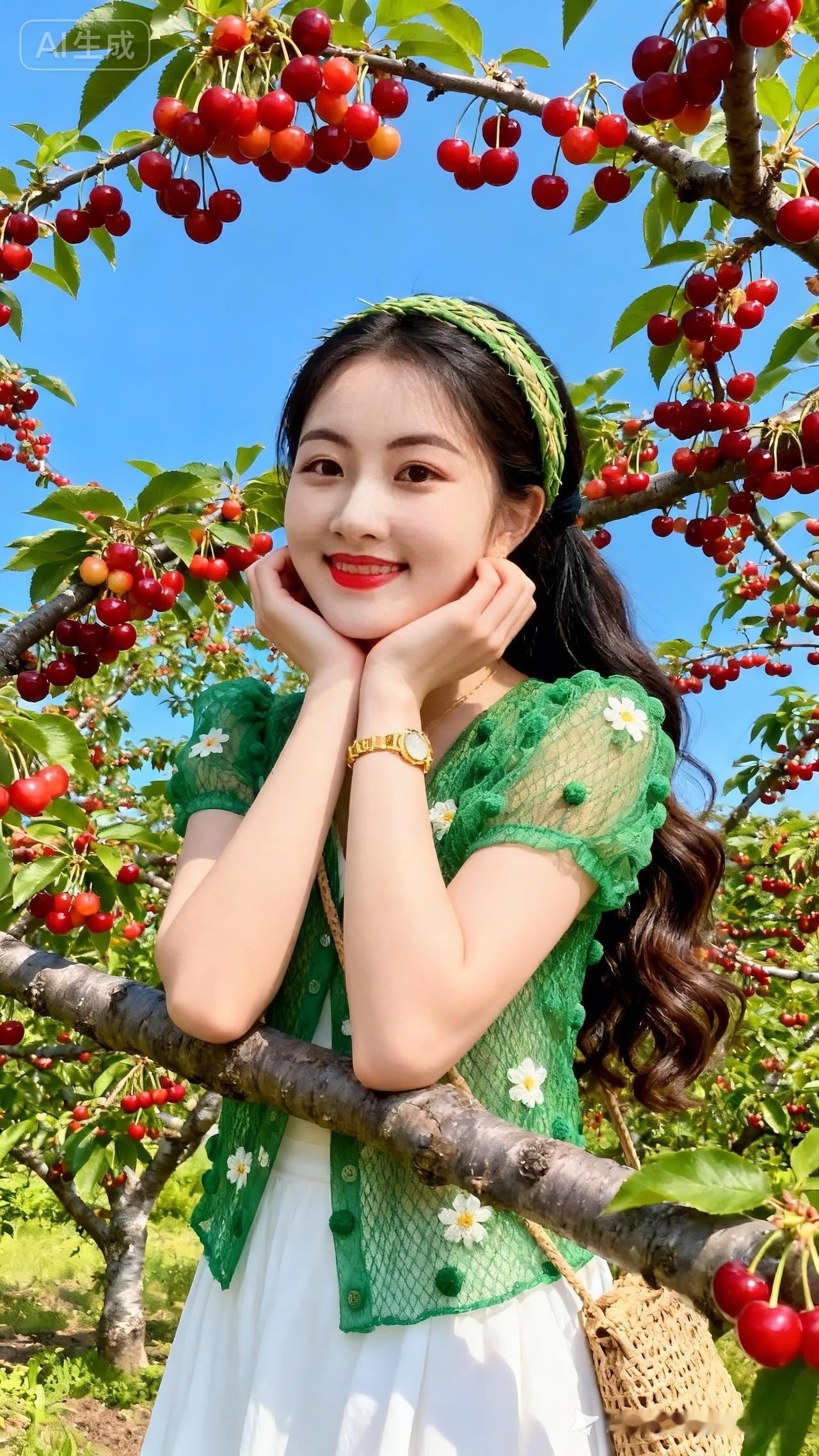 樱桃园里的少女，甜美笑容，清新自然！🍒🌸