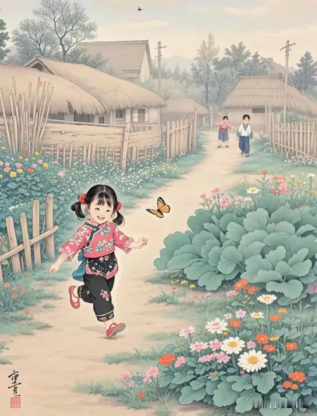 乡村路边野花美，
蝶舞蜂飞吻花蕊。
童趣花丛追蝴蝶，
美好回忆永天真。