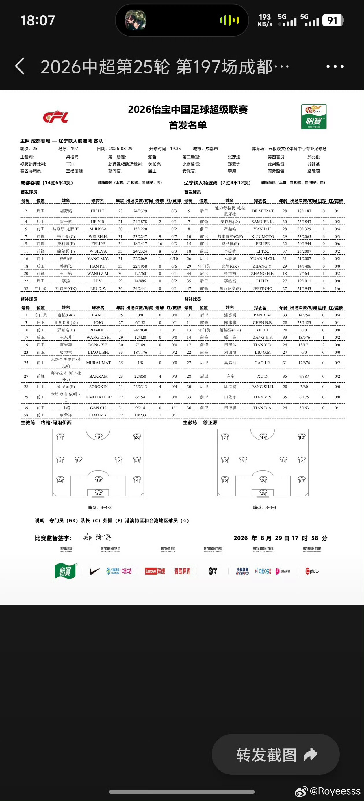 成都蓉城辽宁铁人首发成都蓉城在今晚（8月29日）中超第25轮主场2-1击败辽宁铁