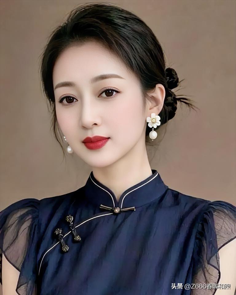 黛衣如墨，盘发凝云，珍珠花钿映玉颜。红唇点染东方韵，一袭旗袍藏风骨，温婉间尽显古