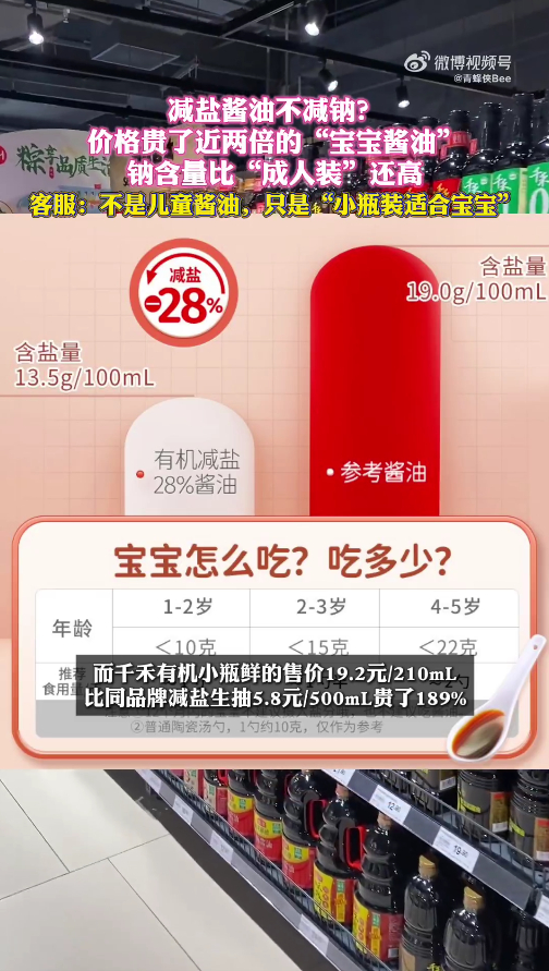 部分酱油减盐不减钠甚至反增客服称宝宝酱油指的是小瓶装 这波操作太迷惑了！打着减盐