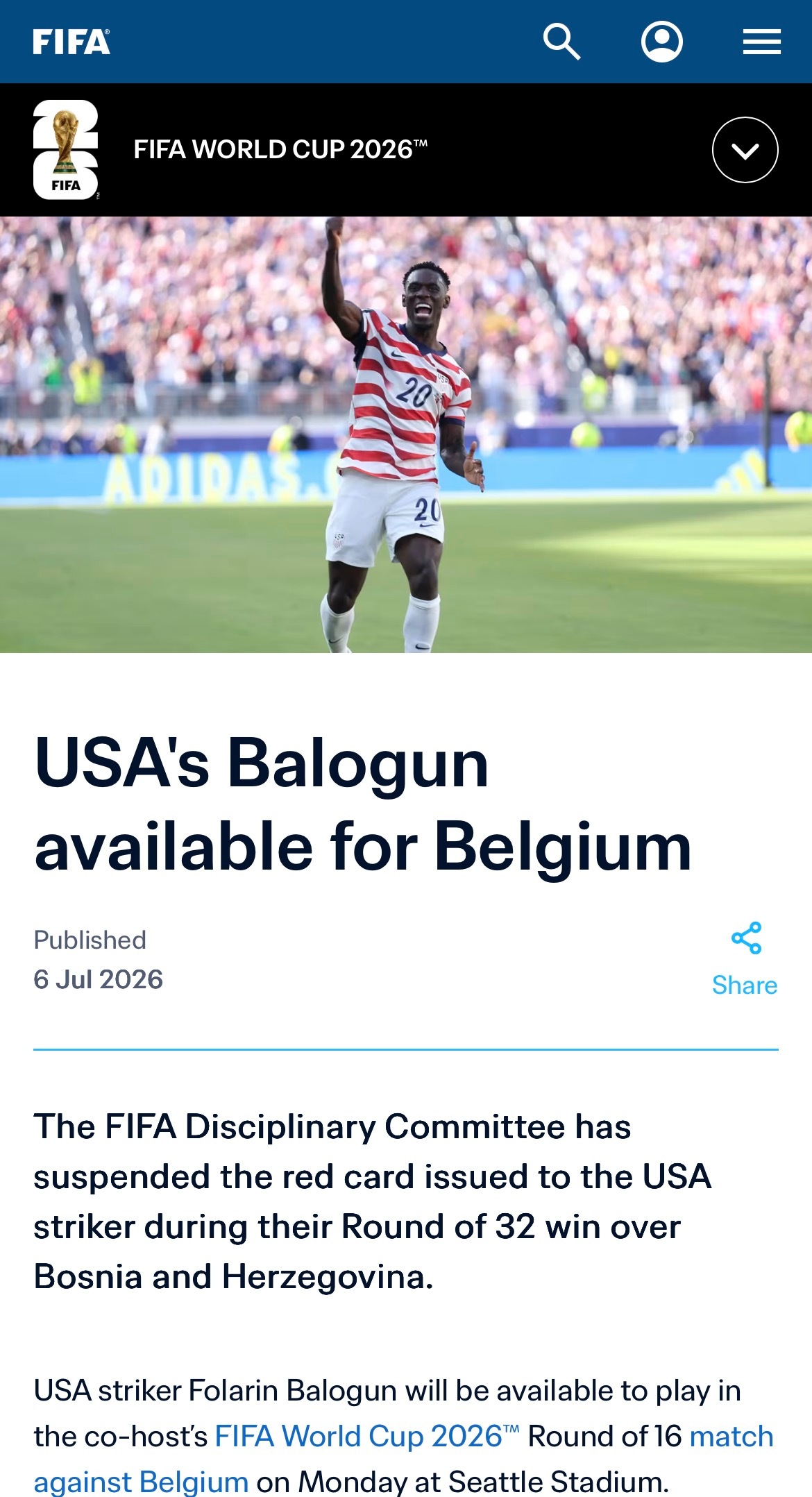 【官方】 FIFA发布官方公告：美国前锋巴洛贡🇺🇸可以正常出战世界杯 1/8