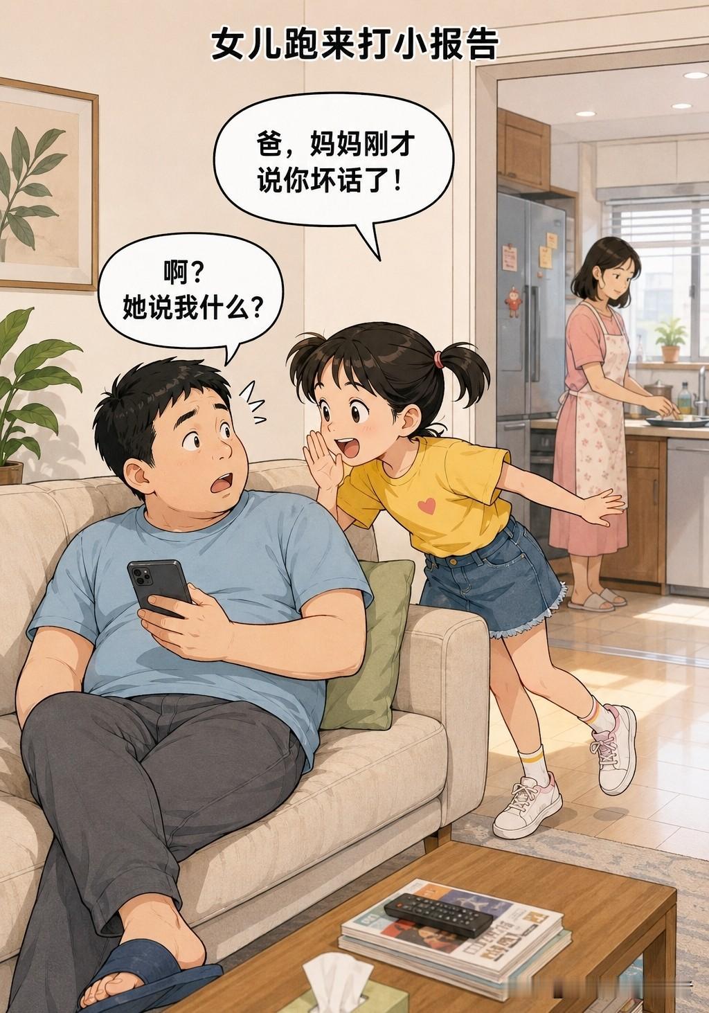 趣味漫画：女儿跑过来跟我说：爸，妈妈说你坏话了。我说：说我什么？女儿说：她说你胖