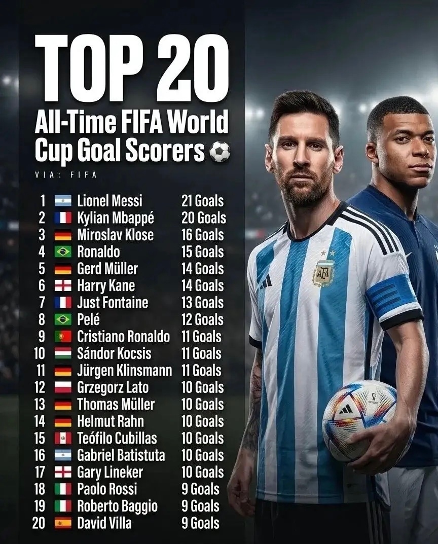 世界杯历史最佳射手榜前20名：1. 🇦🇷 梅西  - 21球2. 🇫🇷 