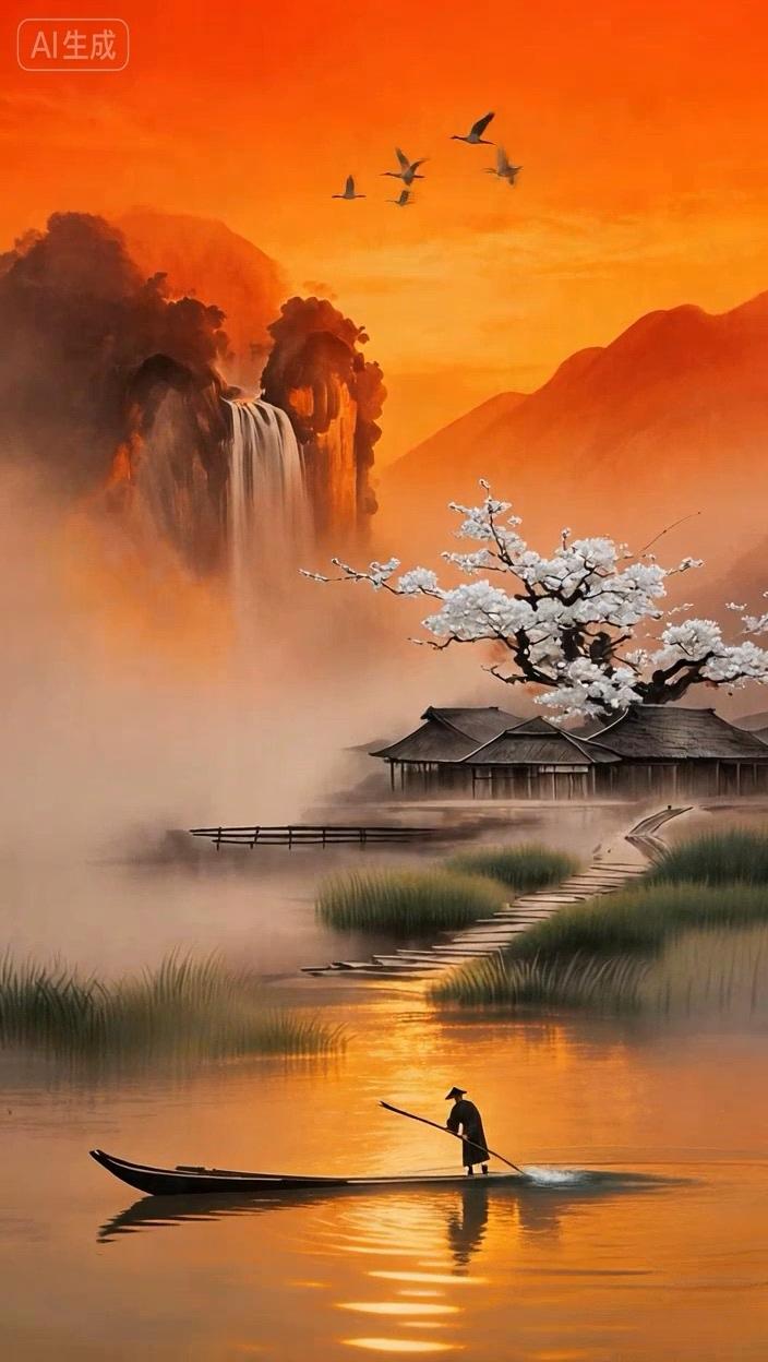 七绝●美景如画/古韵   

大雁群飞瀑布雄，
朝霞溢彩水天红。
清幽寺庙樱花冷