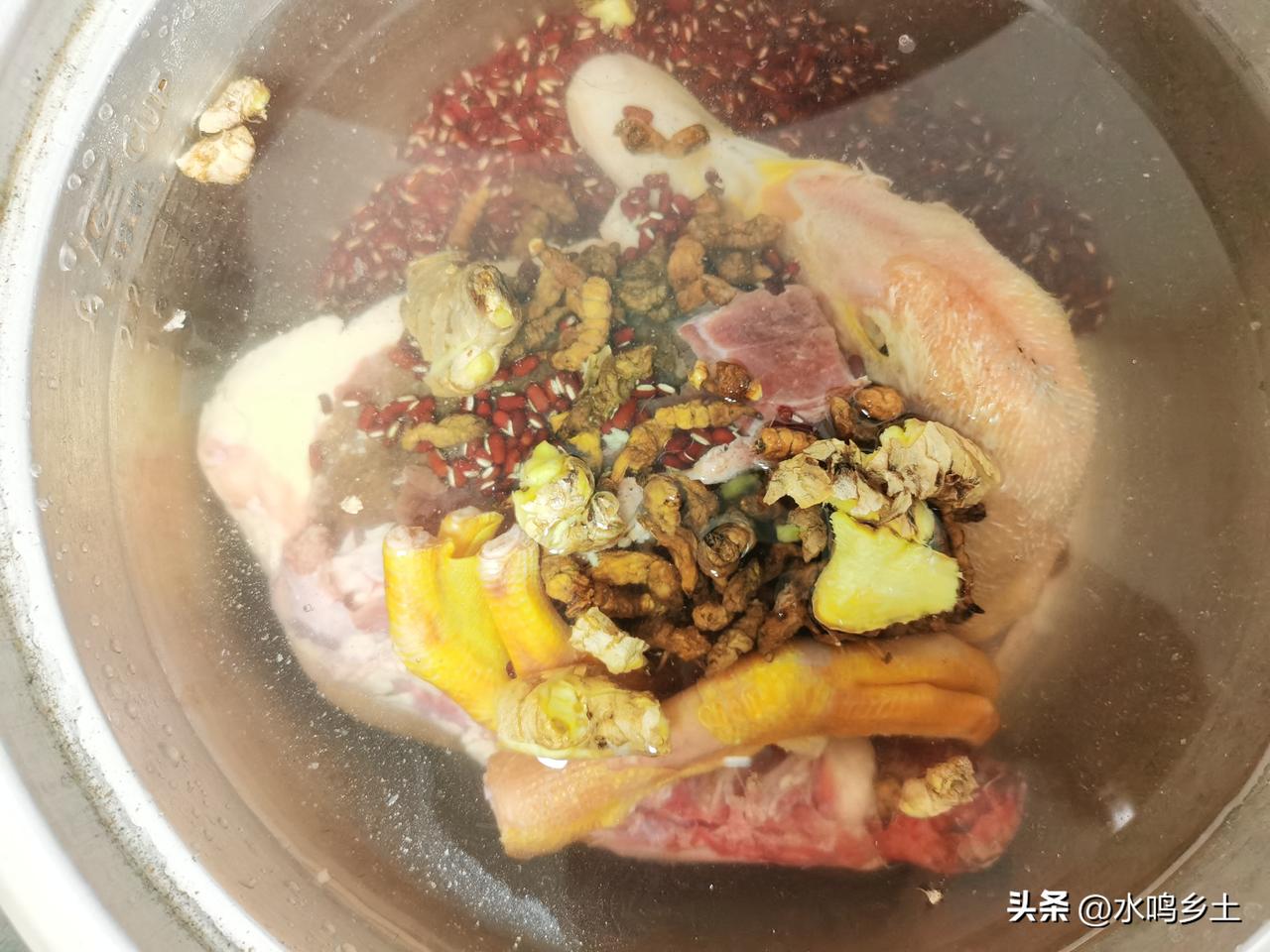 今天闲来无事，决定煮个老鸭汤馋馋味道，用点免费的山泉水把老鸭处理干净，半只就够了