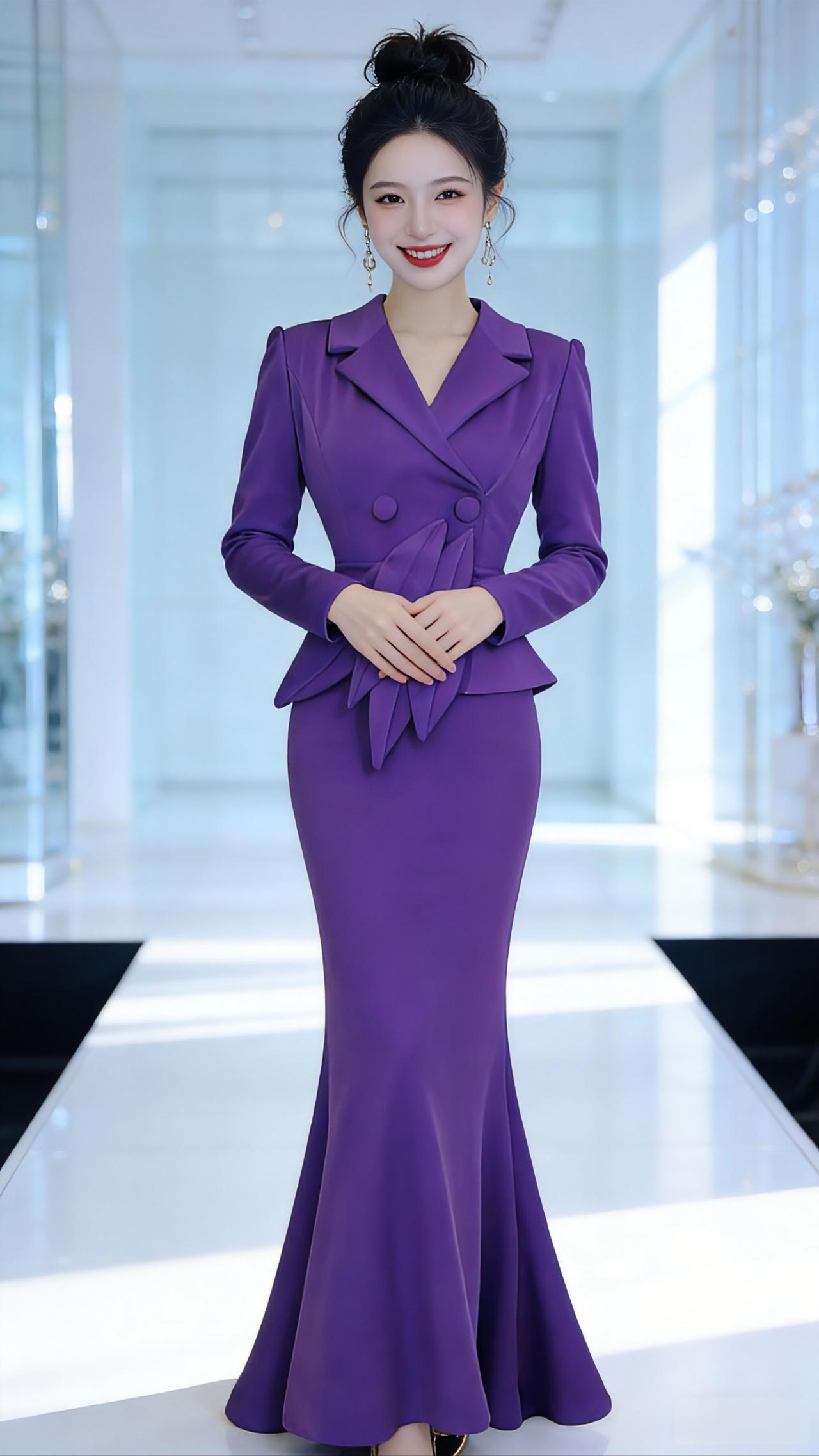 紫韵风姿
 
一袭绛紫礼裙，是揉碎了暮春的紫藤花，裁成了贴合身形的雅致。西装领的