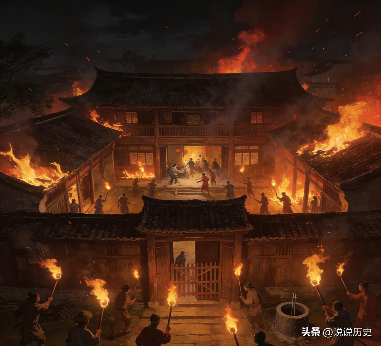 顺治二年七月十五深夜，几百个自家奴仆切断水源，举着火把堵死二十亩祖宅的大门，活活