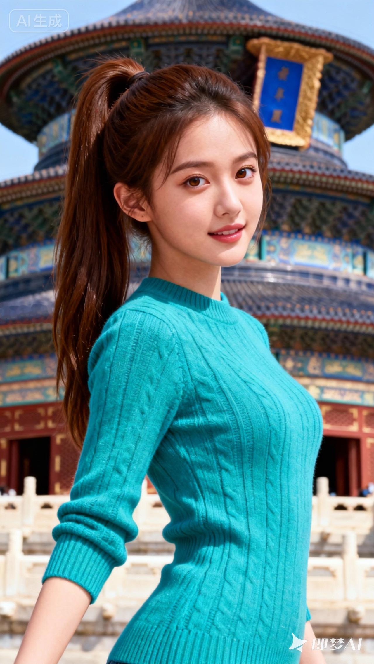 元气少女在故宫前，蓝绿毛衣与古建筑的完美搭配！