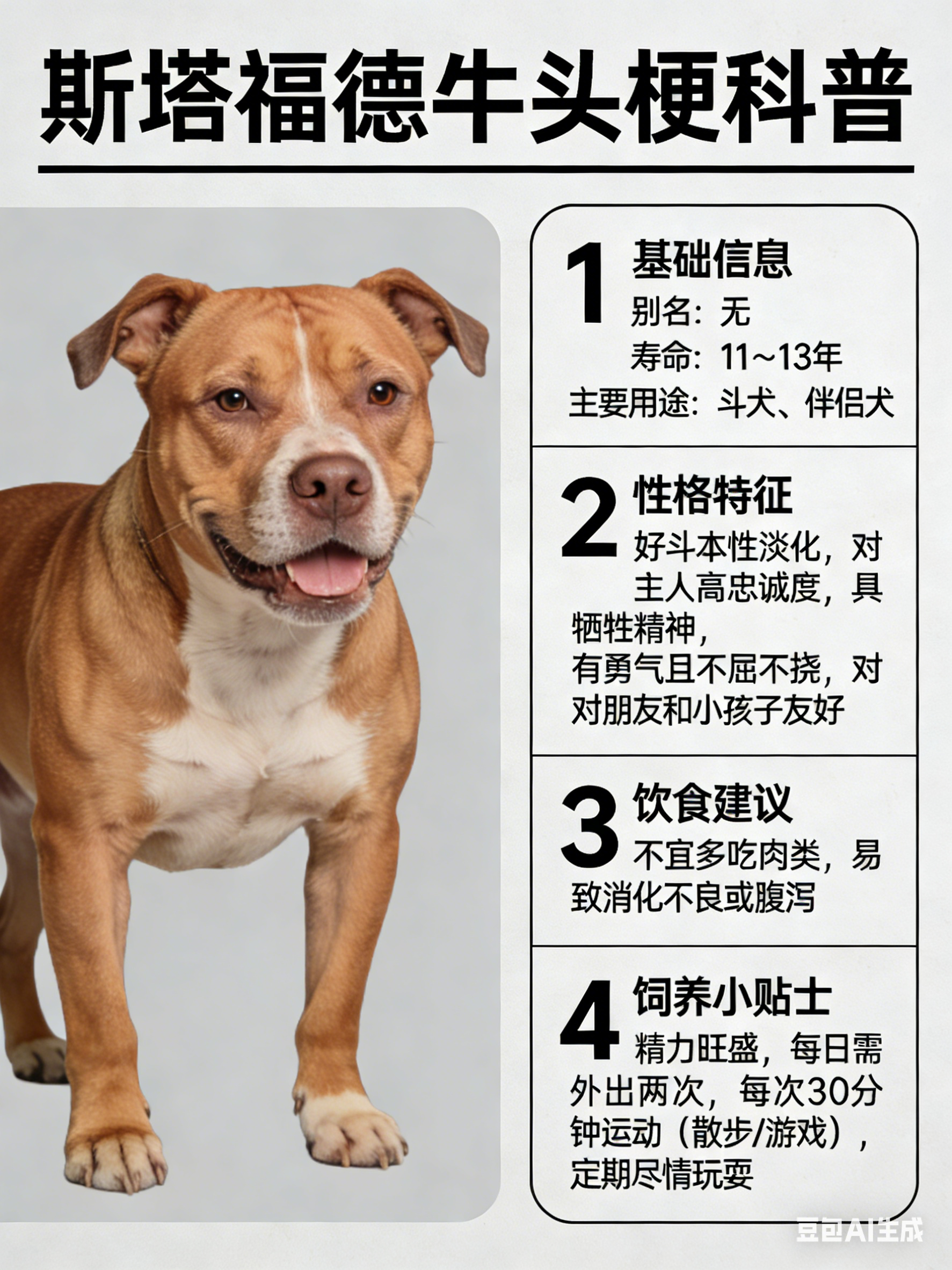 我AI的动物 斯塔福德牛头梗别名：无寿命：11～13年主要用途：斗犬、伴侣犬斯塔