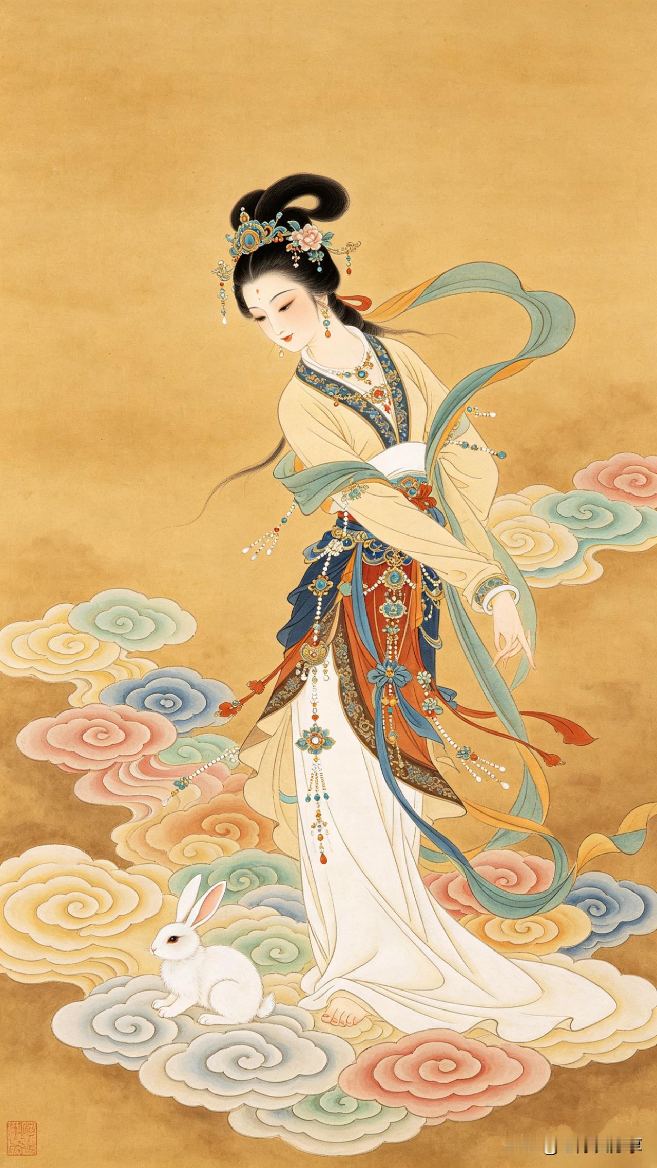 水调歌头·云间仙姿

广寒宫阙冷，
玉兔伴身旁。
霓裳轻舞，
衣袂飘飘凌虚翔。