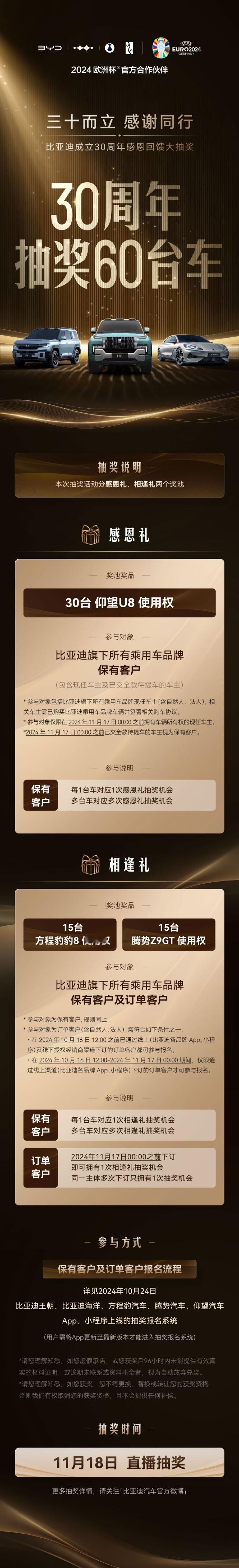 #比亚迪30周年抽30辆仰望送车主# 比亚迪30周年送仰望、送腾势、方程豹豹，加