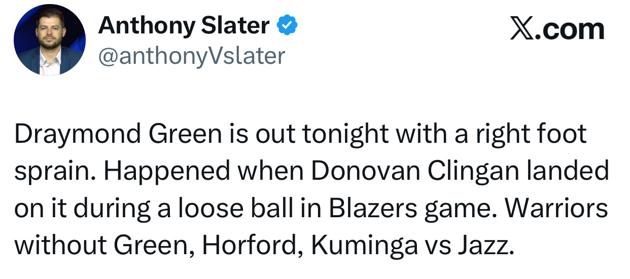 德雷蒙德格林今天因右脚扭伤缺阵。伤情发生在开拓者队比赛中，当时和多诺万克林根在争